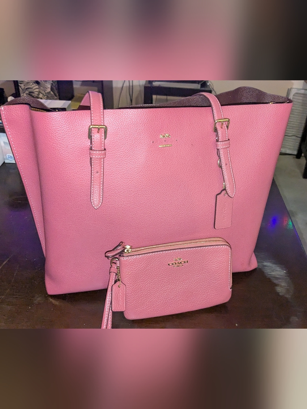 COACH Mollie Tote Pink Pebbled Leather and Double Zip Wristlet Set Pink Work Bag